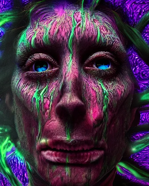 Image similar to realistic portrait of a creature experiment gone wrong, psychedelic, dark art, facing camera, photo realistic, detailed, 1 4 5 0, delicate, hyper realism, ultra realistic, 8 k