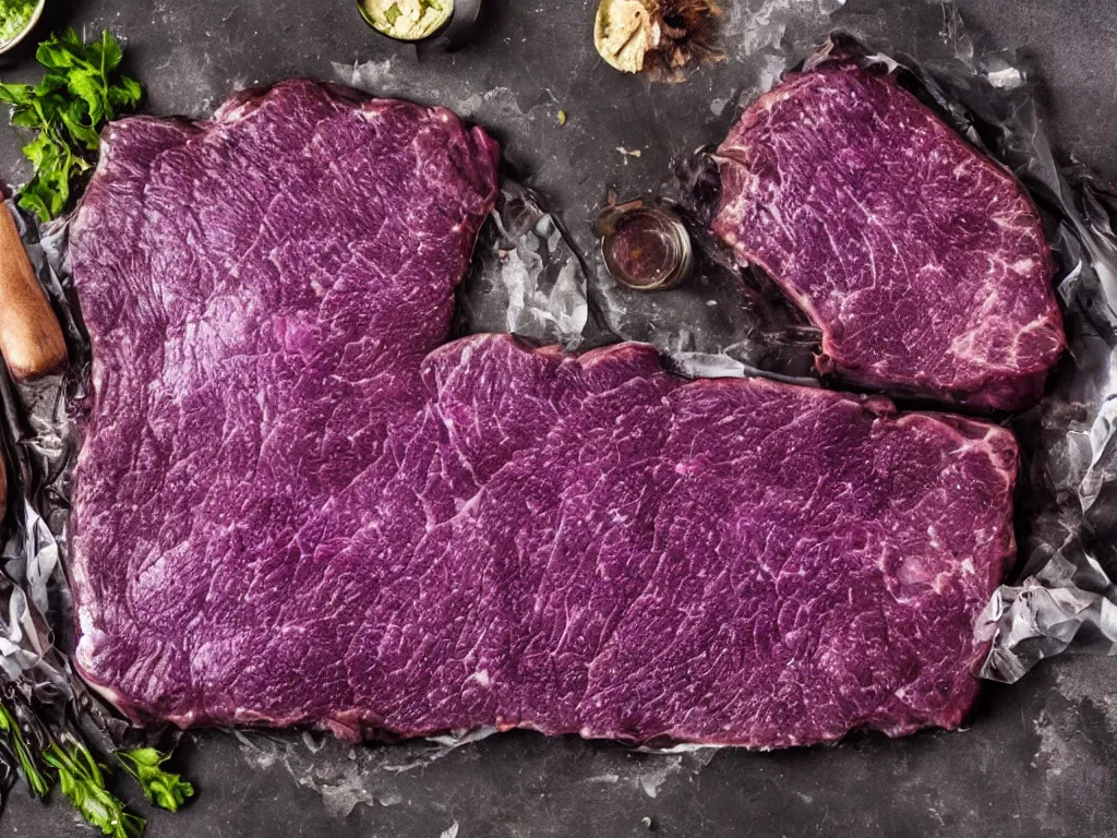 Image similar to shiny purple slab of meat being eaten by flies, nightmare, horror,