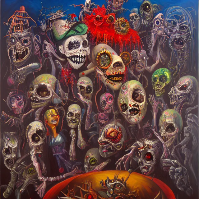 Image similar to an oil on canvas portrait painting of the carnival of nightmares, polycount, surrealism, surrealist, cosmic horror, high detail