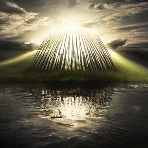 Image similar to Extremely detailed photo-realistic reflections of A Beautiful organic super structure emerging from crepuscular rays by erik johansson