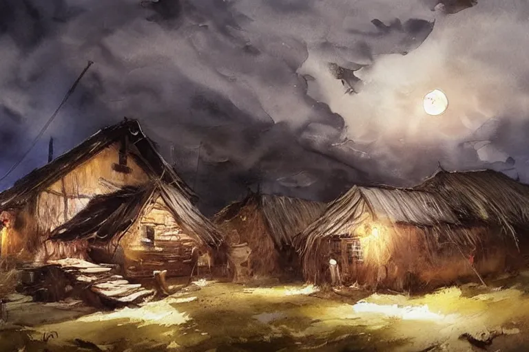 Prompt: paint brush strokes, abstract watercolor painting of rustic village at nightfall, straw roof, viking town, lantern, ambient lighting, art by hans dahl, by jesper ejsing, art by anders zorn, wonderful masterpiece by greg rutkowski, cinematic light, american romanticism by greg manchess, creation by tyler edlin