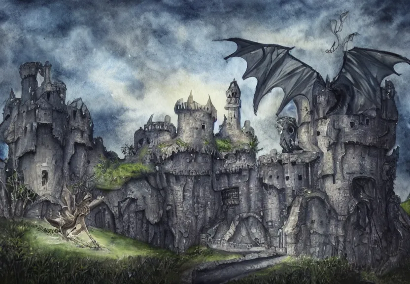 Image similar to possum dragon at a medieval castle under a dark starred sky, dark fantasy, watercolor, dreaming illusion, highly detailed, 4k, trending on Artstation, award-winning