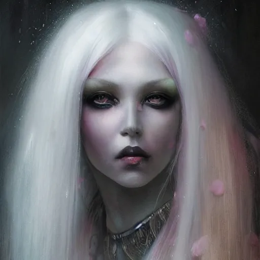 Image similar to a beautiful portrait of kerli koiv with pastel goth makeup, a detailed painting by greg rutkowski and raymond swanland and luis royo, featured on cgsociety, grimdark art, detailed painting, artstation hd, photorealistic