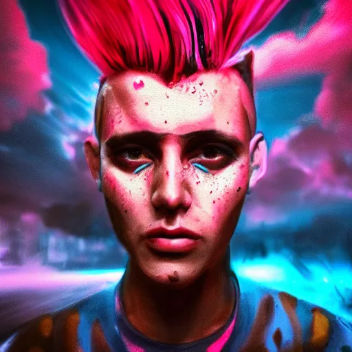 Prompt: splashes of neon clouds, mowhawk, punk portrait made out of paint with rain in the background, trending on artstation, epic composition, emotional, beautiful, rendered in octane, highly detailed, realistic, comic book art, sharp focus, matte painting, unreal engine