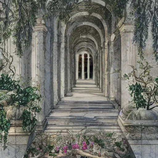 Image similar to delicate marble garden, watercolors on paper, stony, puffy, botanical herbarium, botanic, iridescent, 8 k wide angle, realistic shaded, fine details, artstation, italian, colonnade, oak tree, pinecone, pomegranade, hydrangea, vines, gardena architecture, pompeii