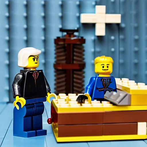 Image similar to a picture of a pastor preaching to his congregation, in the style of LEGO, standing behind a puplit highly detailed