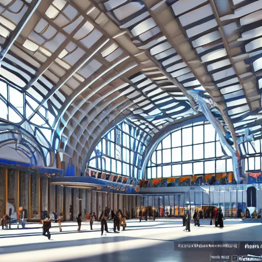 Image similar to elaborate and beautiful train station hall filled with travelers, designed by zaha hadid, bold colored walls, tall ceilings, large windows, lots of bold colors, unique architecture, sunbeams unreal engine 5 render, keyshot render, octane render, ultra high detail, ultra realistic, 8k