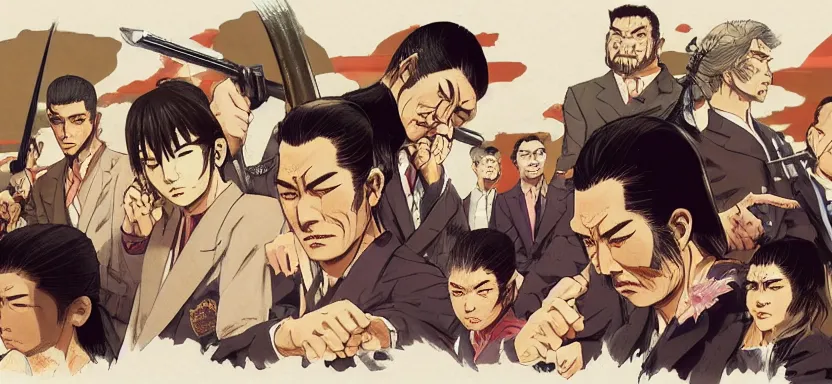 Prompt: a yakuza gang prepares for war, digital painting masterpiece, by ilya kuvshinov, by frank frazetta, by mœbius, by reiq, by hayao miyazaki, intricate detail, beautiful brush strokes, advanced lighting technology, 4 k wallpaper, interesting character design, stylized yet realistic anatomy and faces, inspired by kill bill animated scene