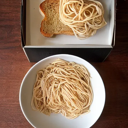 Prompt: ps 1 box indome noodles on peanut butter toast