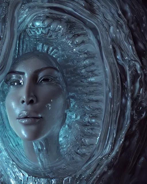 Image similar to epic full - shot still of kim kardashian unconscious in a transparent alien liquid, wet flowing hair, gooey skin, illustration, unreal engine 5, 8 k, made by h. r. giger.