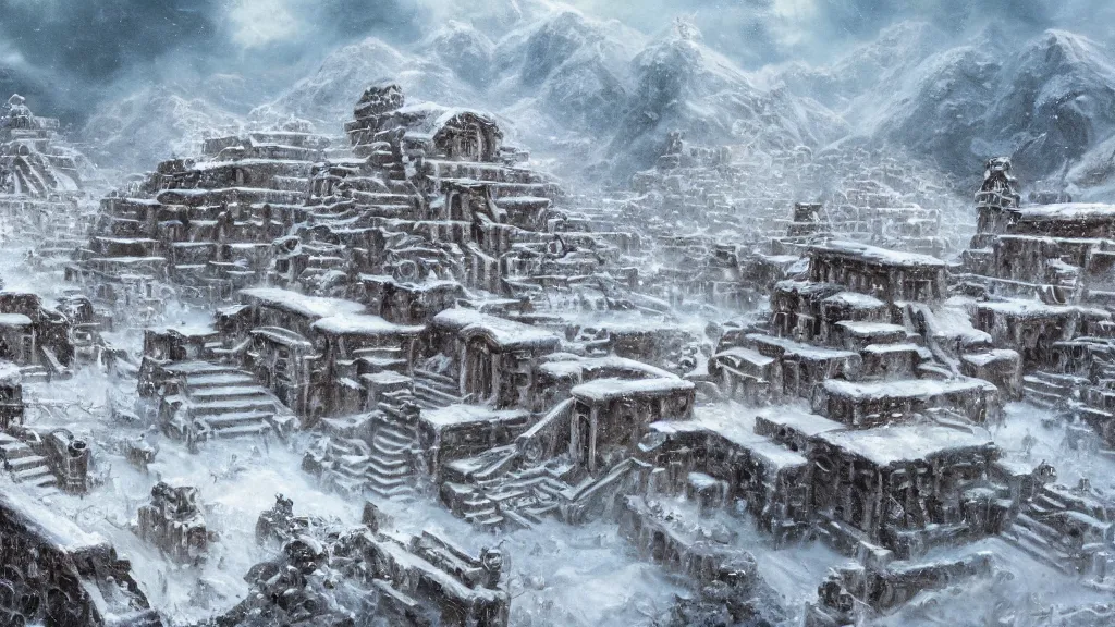 Prompt: Trending on artstation, beautiful snowy snow covered lost city, detailed matte painting, oil on canvas