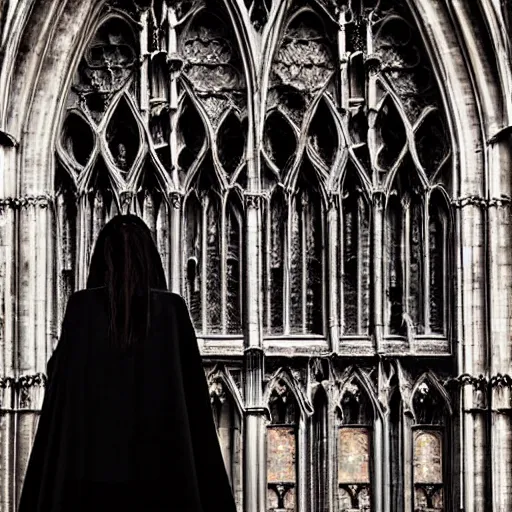 Prompt: gothic girl dressed in black, behind her a gothic cathedral, dramatic lights, dark ambients, the windows of the cathedral are reflecting red flame lights, golden hour, detailed face, intricate ornaments