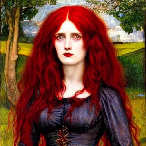 Prompt: A striking Pre-Raphaelite witch with intense eyes and bright red hair