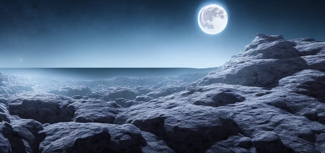 Image similar to uhd, filmic lighting, cinematic art shot, hyperrealistic, hyperdetailed, super detailed, 8 k, high resolution, moon landscape, white rocks made of bone, 8 k uhd matte painting, mega high white mountain, midnight