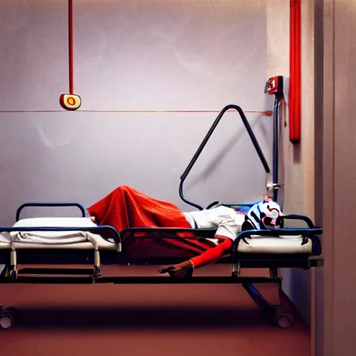 Image similar to crazy clown lying in hospital bed with wrist restraints on, restraints straps attached to hospital bed siderails, greg rutkowski, photograph, 8 k