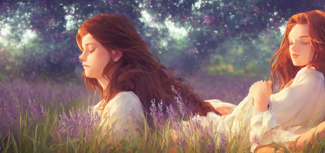 Image similar to a beautiful southern woman named Savannah, innocent, somber turquoise eyes, freckles, long ginger hair tied with white ribbon, napping under wisteria on a farm, gentle lighting, storm in the distance, western clothing, dress, digital art by Makoto Shinkai ilya kuvshinov and Wojtek Fus, digital art, concept art,