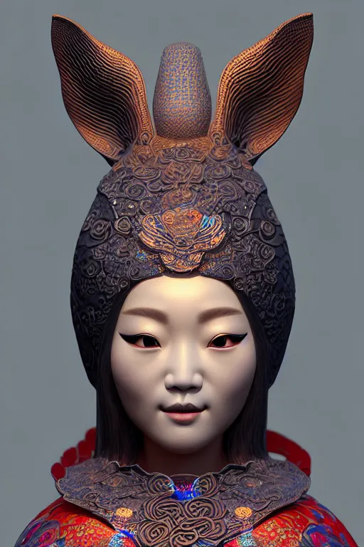 Image similar to 3 d goddess close - up profile portrait. beautiful intricate highly detailed korean fox mask and traditional korean hanbok. stingray, magpie, bio luminescent, plasma, lava, ice, water, wind, creature, artwork by tooth wu and wlop and beeple and greg rutkowski, octane 3 d render