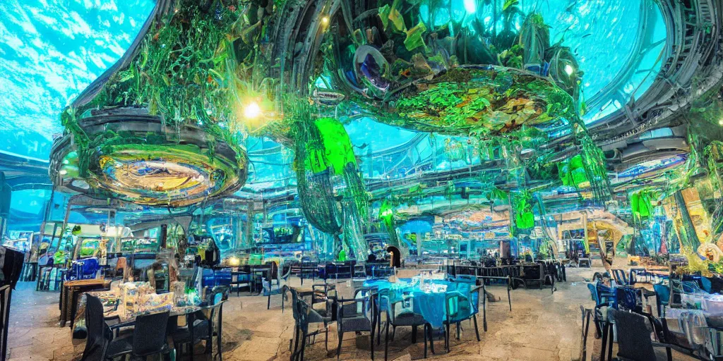 Image similar to underwater dome city with green and blue lights