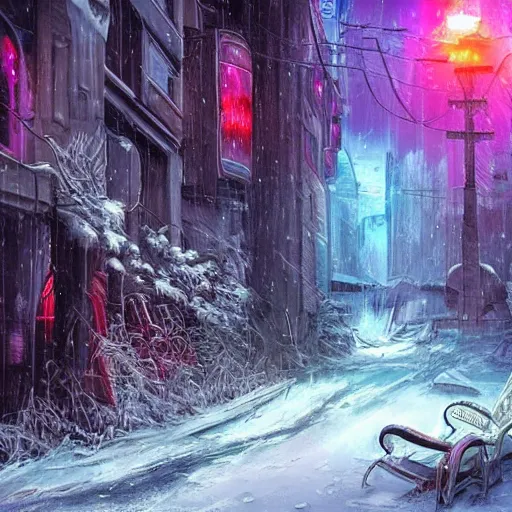 Image similar to mystic winter landscape, cyberpunk, vivid colors, post apocalyptic