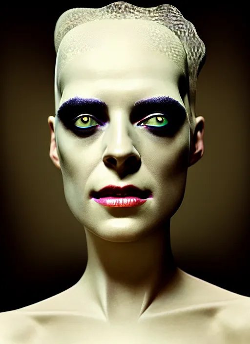 Image similar to smooth healthy skin, glowing complexion, high key lighting, portrait of kristen mcmenamy as a beautiful gentle futuristic bride of frankenstein, kintsugi, modern fine art, fractal, intricate, elegant, highly detailed, digital photography, subsurface scattering, by jheronimus bosch and greg rutkowski