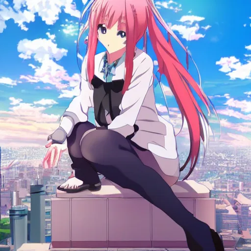 Prompt: Key Anime Visual a macro anime girl sitting on a miniature city, official modern anime