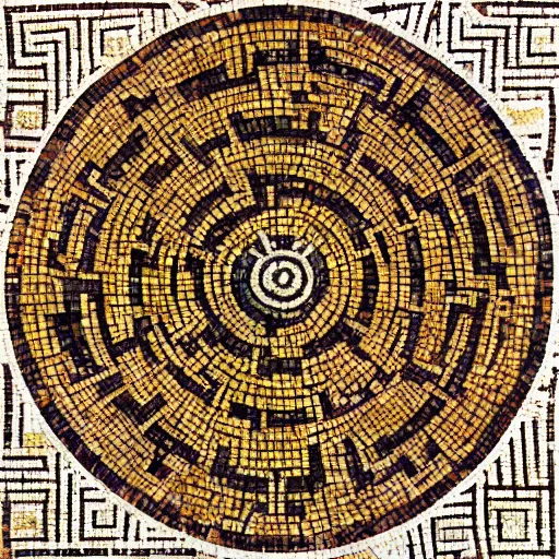 Image similar to medium shot Mosaic depicting a labyrinth, from Italica, AD 176-275. Archaeological Museum, Seville. Byzantine mosaics, highly detailed, HQ, HD, beautiful, National Geographic,