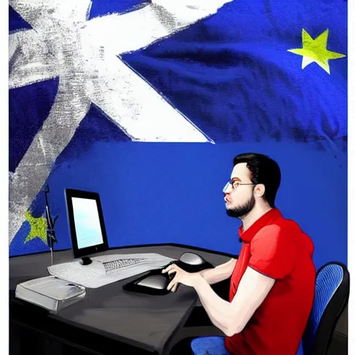 Prompt: european union eu hybrid influencer on blue shirt sitting on chair with eu flag on computer playing games on led keyboard and gaming mouse in style of American propaganda poster, eu flag, european union flag, dark and gloom, extremely detailed oil painting, open room, highly detailed, trending on artstation, concept art, sharp focus, illustration, art by artgerm and greg rutkowski and magali villeneuve