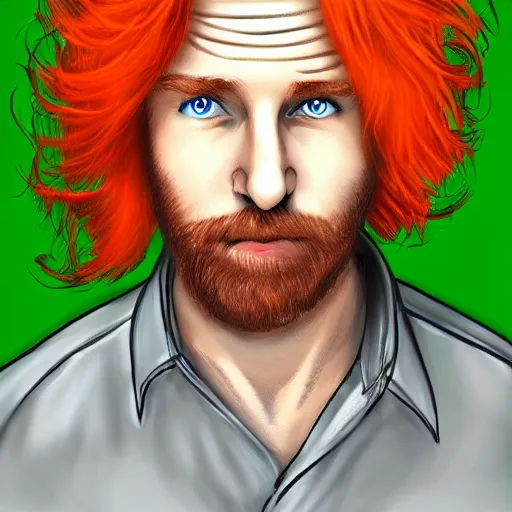 Prompt: portrait of an orange haired 3 8 - year old man with green eyes, a friendly squat face, digital art