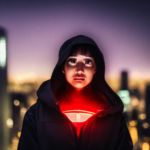 Image similar to photographic portrait of a techwear woman, closeup, on the rooftop of a futuristic city at night, sigma 85mm f/1.4, 4k, depth of field, high resolution, 4k, 8k, hd, full color