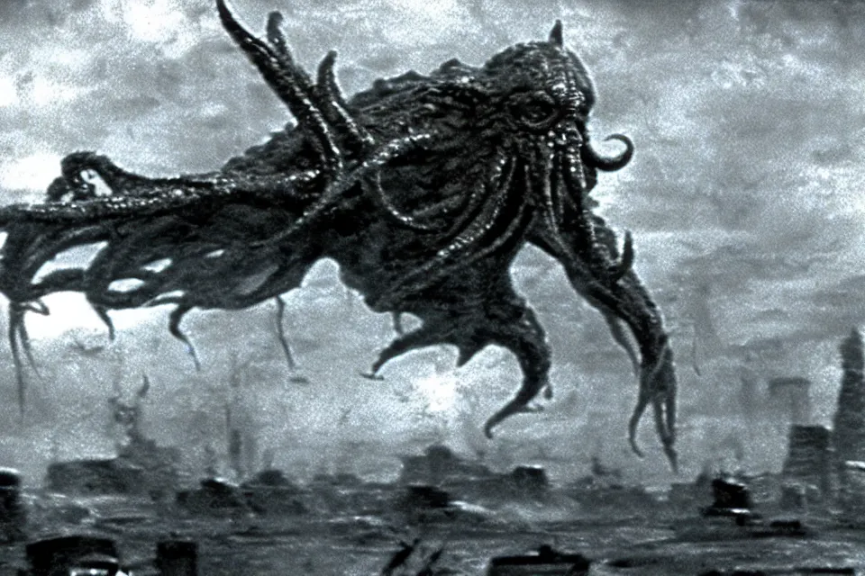 Image similar to still image taken from sci fi horror movie of a cthulhu attacking a city. low camera angle. 1 9 6 0.