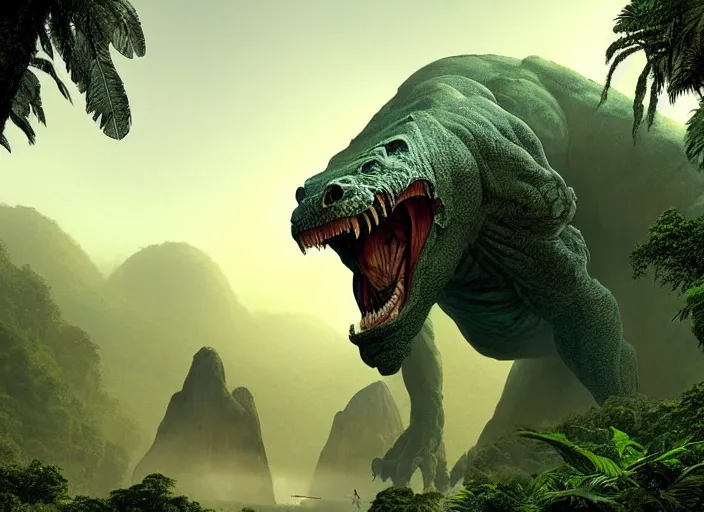 Image similar to giant monstrous aggressive scaled creature screaming at the camera, in the background a jungle, epic science fiction horror digital matte painting by Moebius and Mark Brooks (and Greg Rutkowski), extremely detailed, artstation