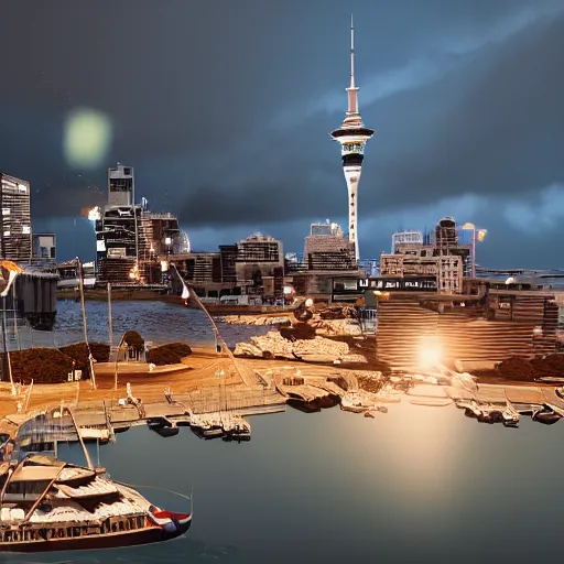 Image similar to auckland city and sky tower and harbor bride utopian, dynamic lighting, cinematic composition, artstation, octane render, ayan nag