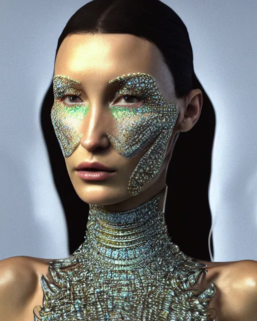 Image similar to a highly detailed metahuman 4 k close up render of an alien goddess bella hadid as alien in iris van herpen dress schiaparelli in diamonds crystals swarovski and jewelry iridescent in style of alphonse mucha gustav klimt trending on artstation made in unreal engine 4