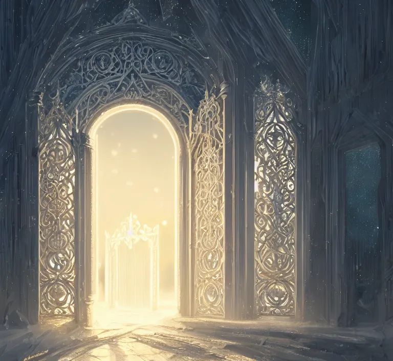 Prompt: a very detailed concept art of intricate and well designed white gates to laplandia, infused with aurora borealis by greg rutkowski, dynamic lighting trending on artstation, symmetry, digital art, 4 k, hyper realistic, octane render, sharp focus