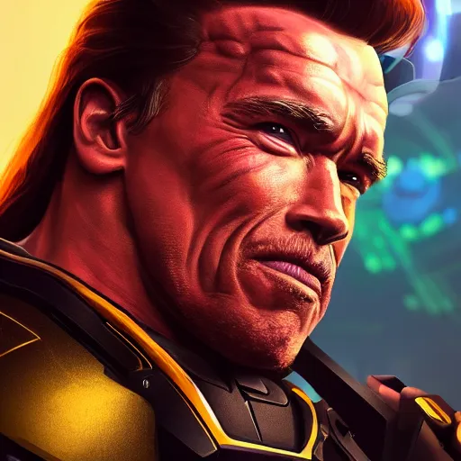 Image similar to a screenshot of arnold schwarzenegger as echo in overwatch, portrait, fantasy, beautiful face, vivid colors, elegant, concept art, sharp focus, digital art, hyper - realistic, 4 k, unreal engine, highly detailed, hd, dramatic lighting by brom, trending on artstation