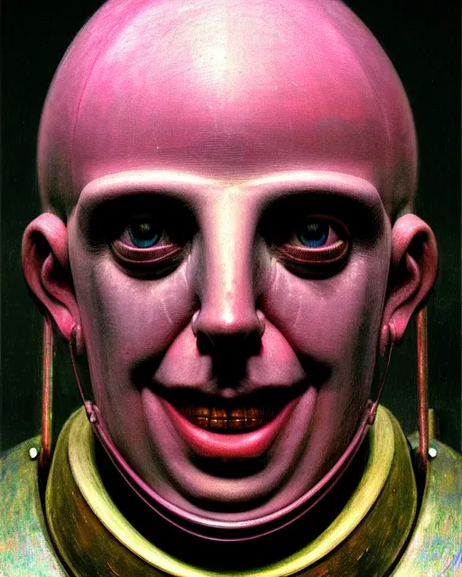 Image similar to hyperrealistic hyperdetailed medieval mechanical iridescent pink humanoid smirking concept art santiago caruso de chirico sharp very dramatic green light 8k low angle shallow depth of field