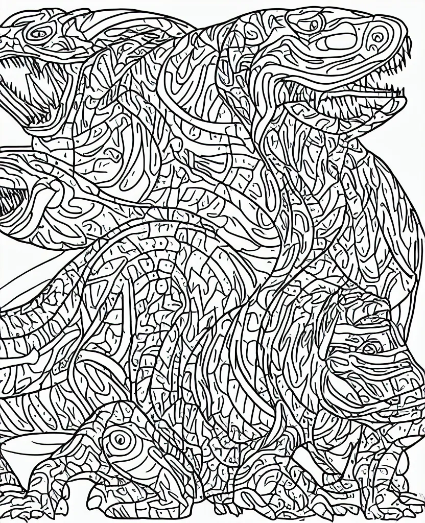 Image similar to trex dinosaur, symmetrical, accurate, simple clean lines, coloring book, graphic art, line art, vector art