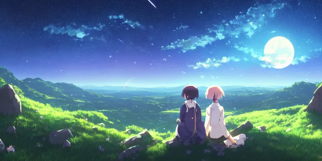 Image similar to a schoolgirl girl sat on the hillside and looked at the stars in the night sky, beautiful moonlight, rich vivid colors spectacular milky way, shining meteor, pale blue light from the moon, ambient lighting, dynamic lighting, official media, anime key visual, detailed, artwork by makoto shinkai. - h 5 7 6