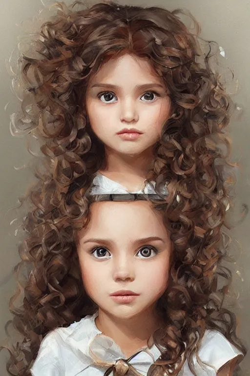 Prompt: a little girl with a michievous face and light brown curly hair. she is dressed as a superhero. clean elegant painting, beautiful detailed face. by artgerm and greg rutkowski