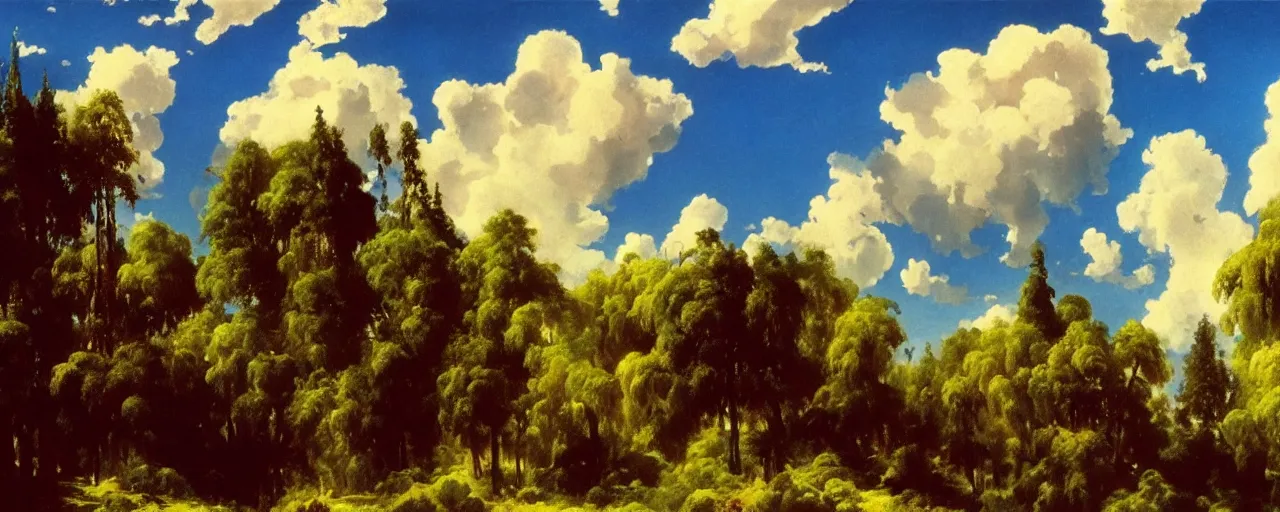 Image similar to disney illustrated background of blue sky huge clouds by eugene von guerard, ivan shishkin, john singer sargent