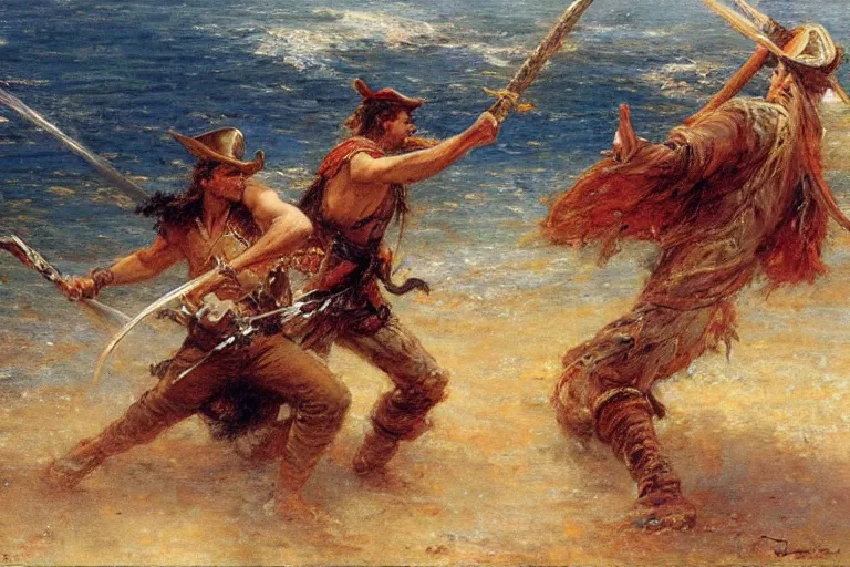 Image similar to action still of a shipwrecked man fighting a pirate with a sword. art by gaston bussiere.