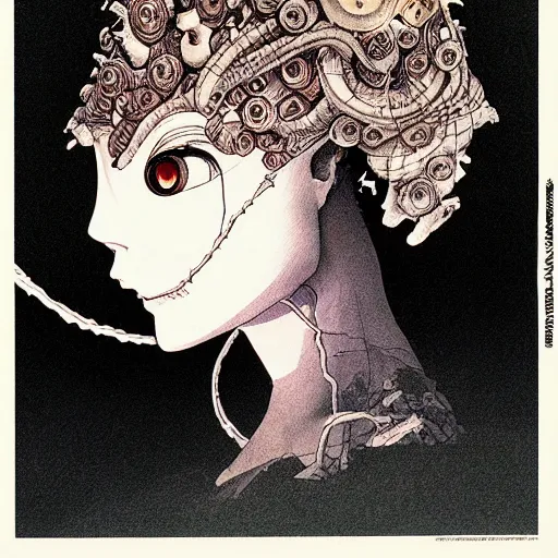 Image similar to prompt: Fragile looking vessel portrait face drawn by Katsuhiro Otomo, inspired by Dennis Ziemienski, magical and alchemical objects on the side, soft light, white background, intricate detail, intricate ink painting detail, sharp high detail, manga and anime 2000