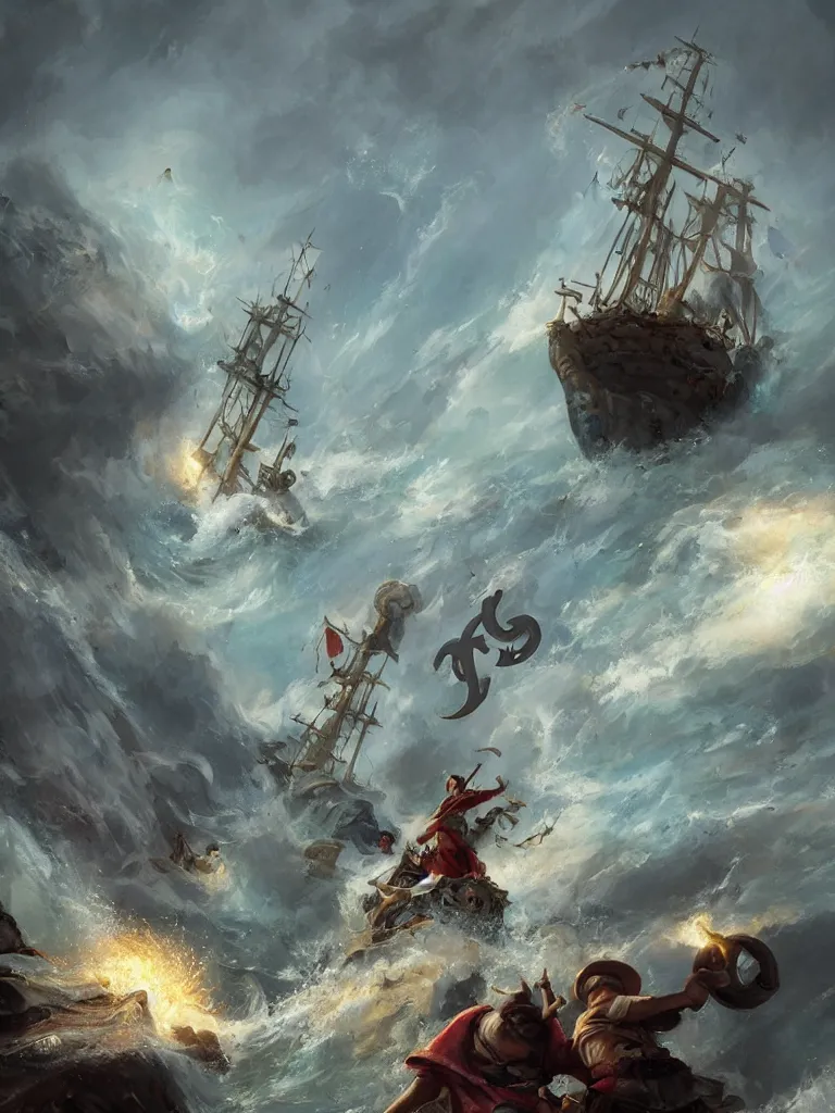 Image similar to sailor tossing an anchor overboard a ship in the baroque era, hearthstone art style, epic fantasy style art by Craig Mullins, fantasy epic digital art, epic fantasy card game art by Greg Rutkowski