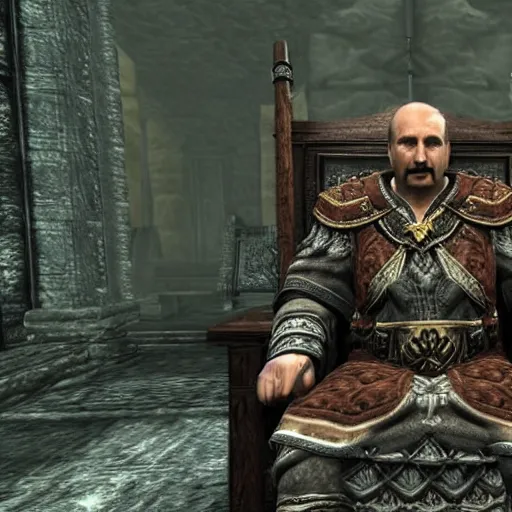 Prompt: Alexander Lukashenko as a Jarl in The Elder Scrolls V: Skyrim sitting on his throne in a slumped pose