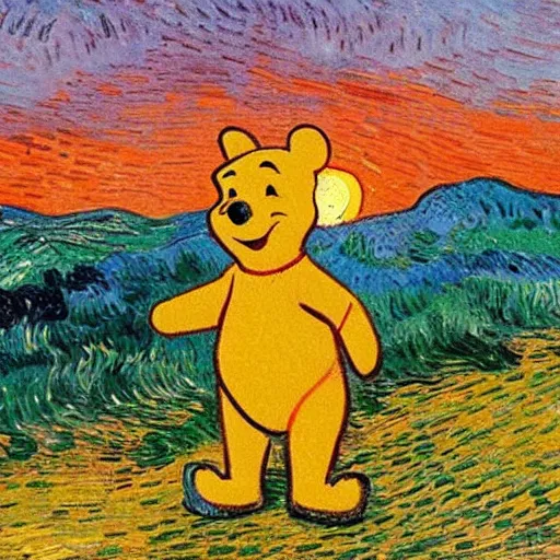 Image similar to winnie the pooh standing on a hill with sunset in background, oil painting, art by vincent van gogh