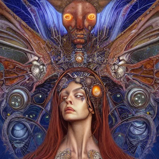 Image similar to realistic illustration of a beautiful rusted mechanical faerie queen with glowing eyes, moth wings with geometric patterns, reflective detailed textures, baroque dark fantasy science fiction painting by donato giancola and diego rivera and jean delville and michael whelan, silver and cool colors, artstation, octane render