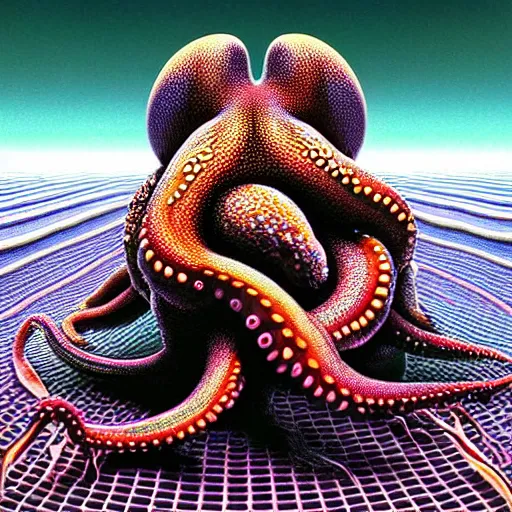 Image similar to hyperrealism photography in araki nobuyoshi style computer simulation visualisation of detailed octopus riding on a astronaut back in the detailed ukrainian village in dramatic scene from movie the big lebowski ( 1 9 9 8 ) rendered in mandelbulb 4 d