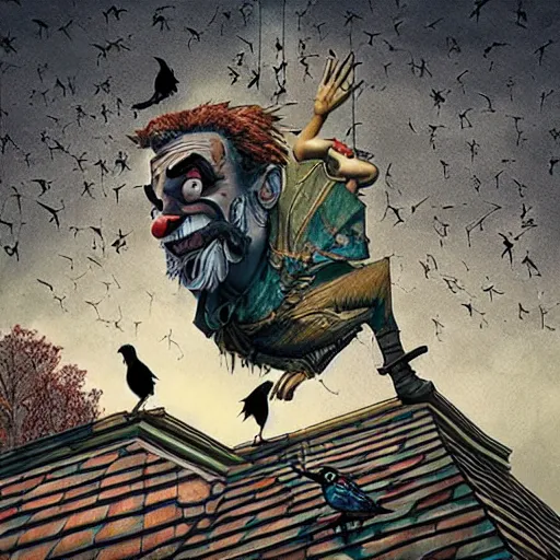 Image similar to A clown on the roof of the church playing with crows, by Android Jones and M. C. Escher collaboration, futurist, digital art, dramatic lighting, symbolic