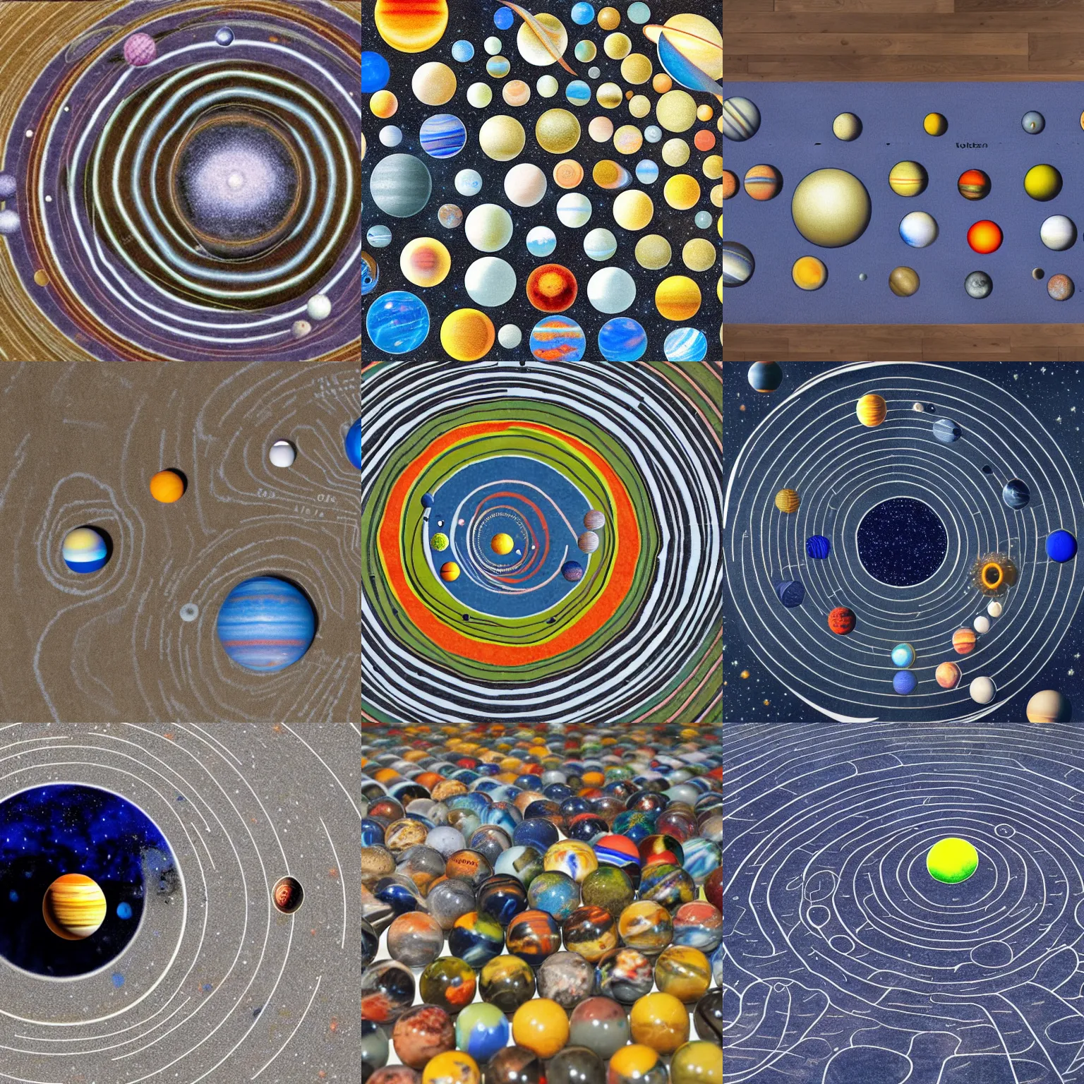 Prompt: solar system as a group of marbles over the carpet of the universe