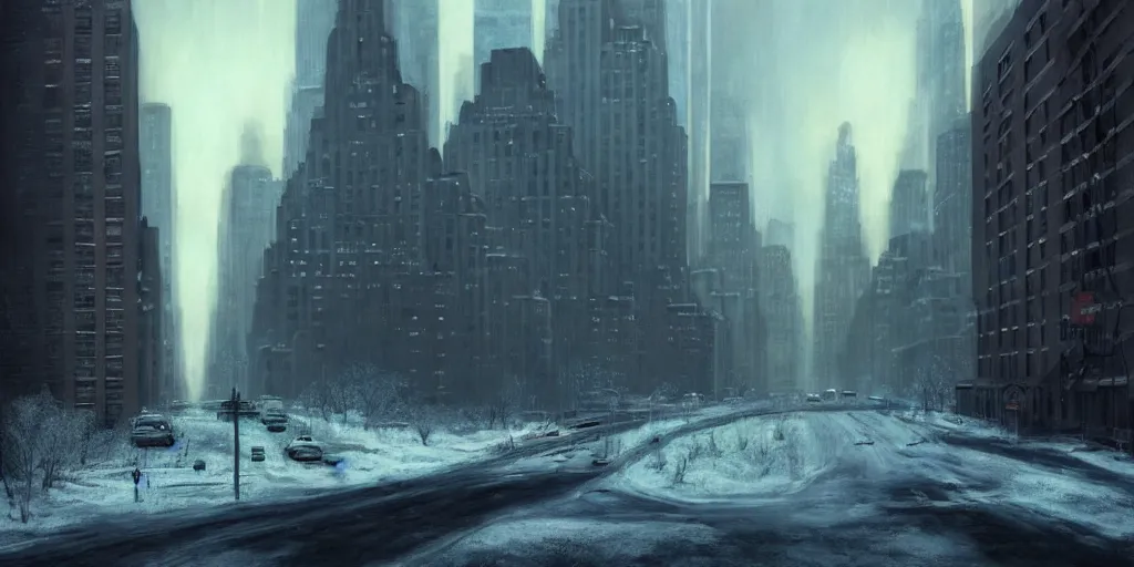 Image similar to nuclear winter, new york city, near future, fantasy, sci - fi, hyper realistic, serene.